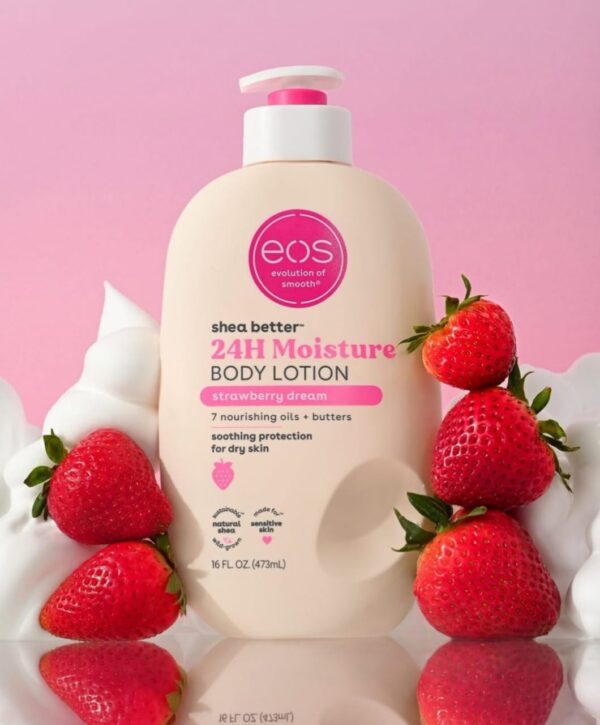 EOS shea butter body lotion with strawberry fragrance
